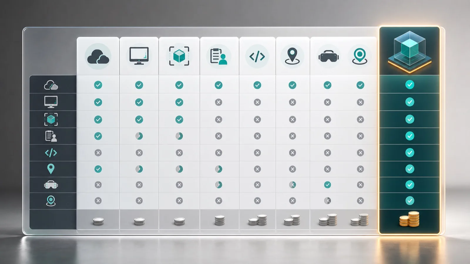 A visual comparison dashboard showing generic 360 tour software options and a highlighted custom-build option.
