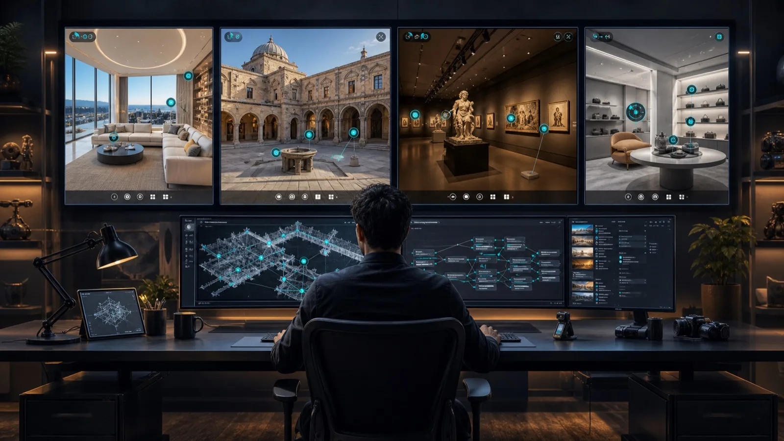 A custom 360 tour development workspace showing real estate, heritage, museum, and product showroom tour previews with hotspot interfaces.