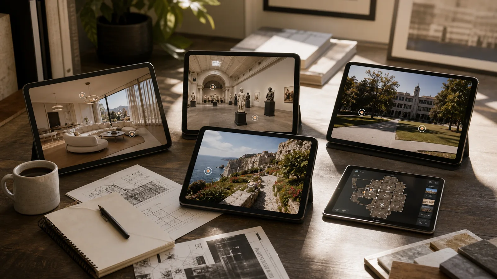 Multiple tablets showing real estate, museum, campus, tourism, and floor-map 360 tour previews.