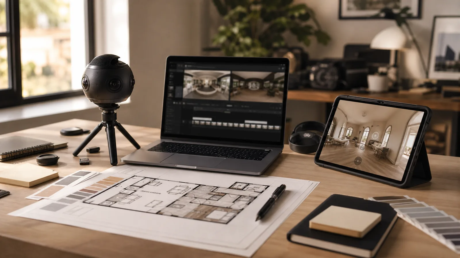 A warm production desk with 360 camera gear, laptop editing interface, tablet preview, and floor plan.