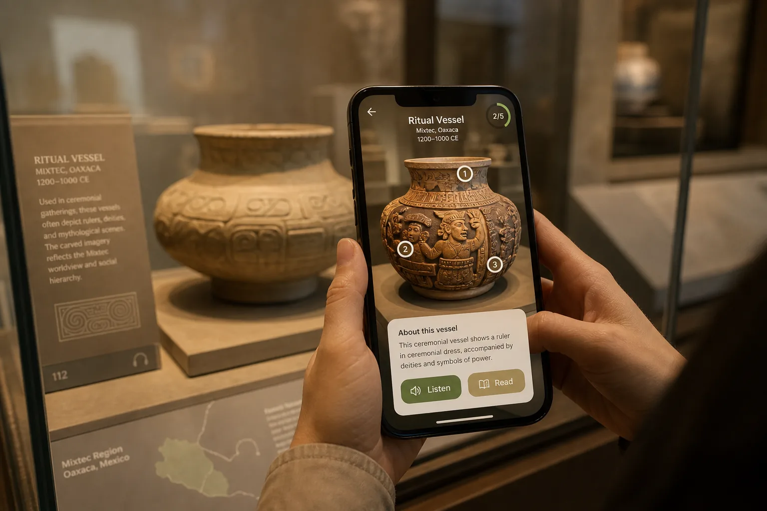 A museum visitor holding a phone with an augmented reality guide over a ceramic artifact, including hotspots and listen and read buttons.