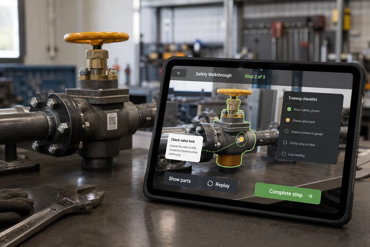 A tablet in a workshop showing an augmented reality safety walkthrough with checklist, step counter, highlighted valve, and complete step button.