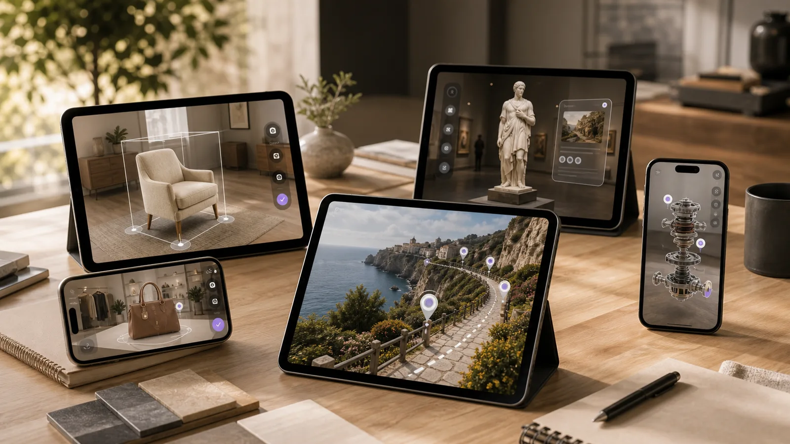 Multiple devices showing augmented reality previews for retail, museum, tourism, and training use cases.