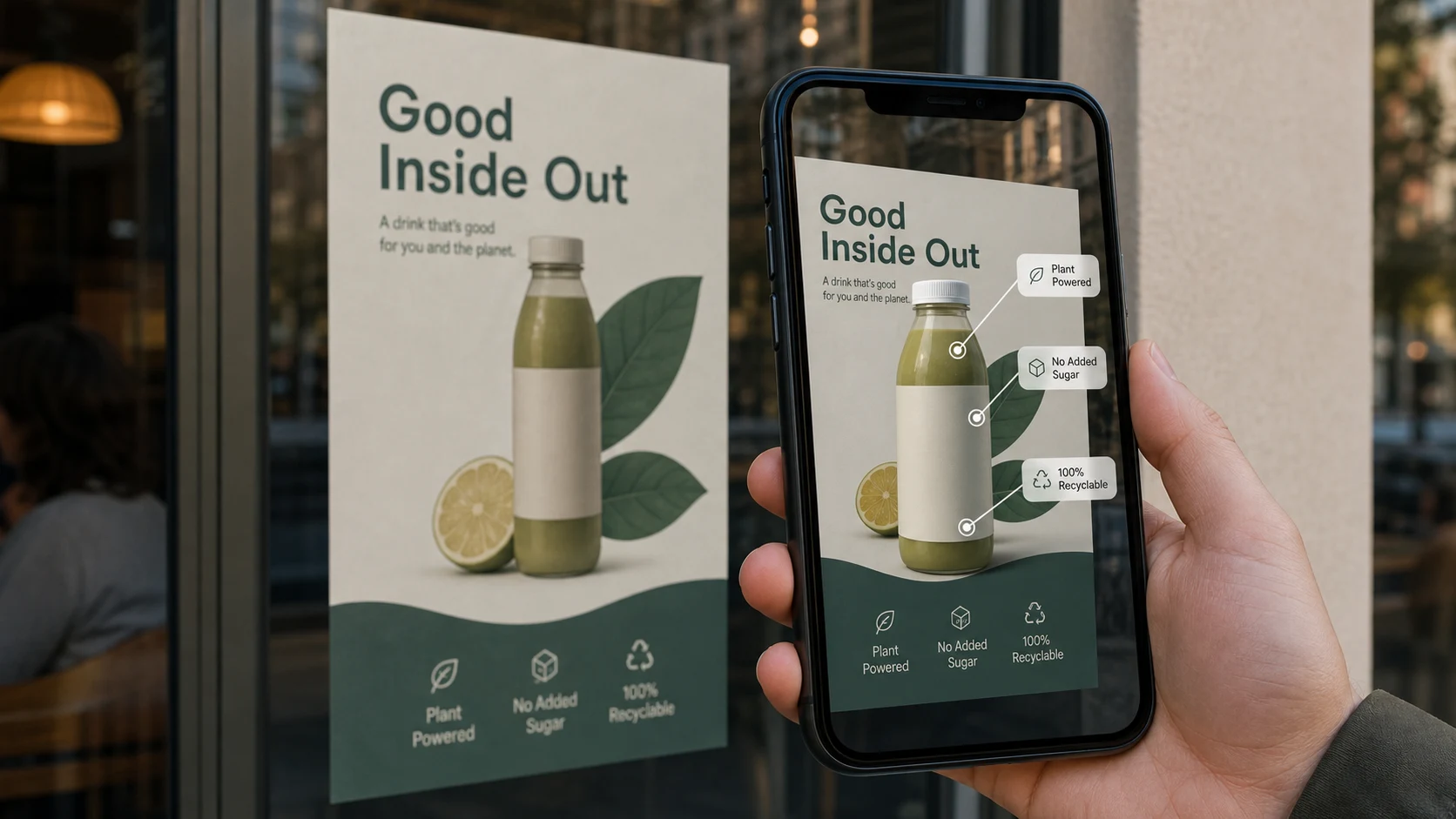 Un poster de producto visto con un teléfono muestra punteros WebAR, etiquetas y una capa del producto.