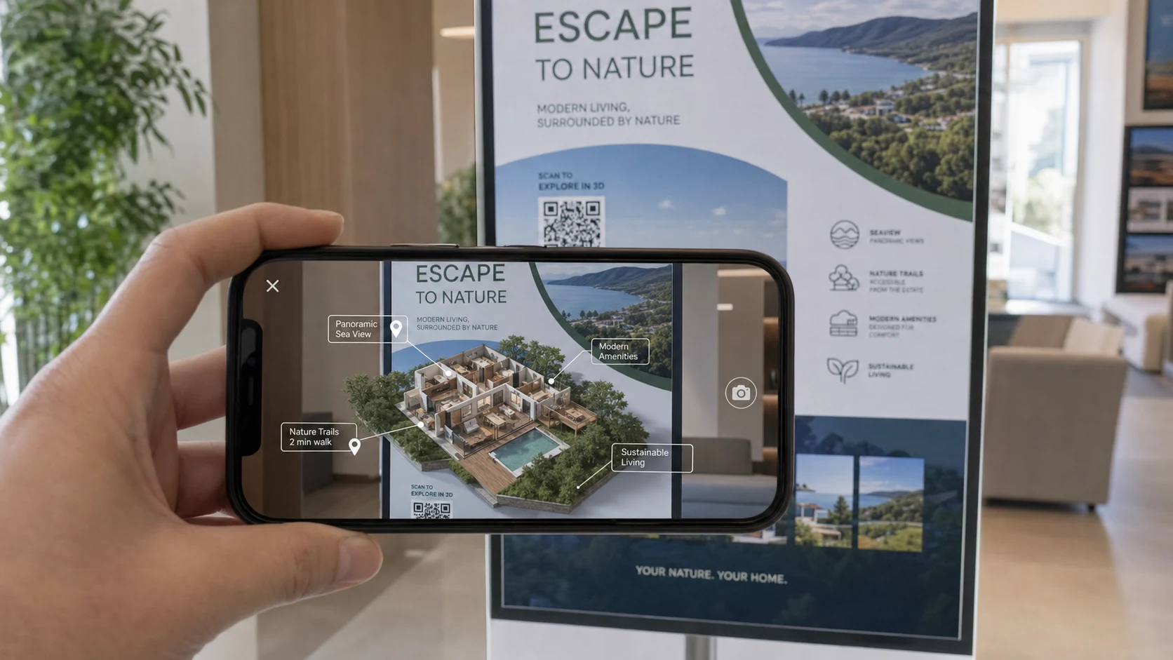 Un cartel inmobiliario visto con smartphone muestra un modelo 3D de propiedad y etiquetas AR.