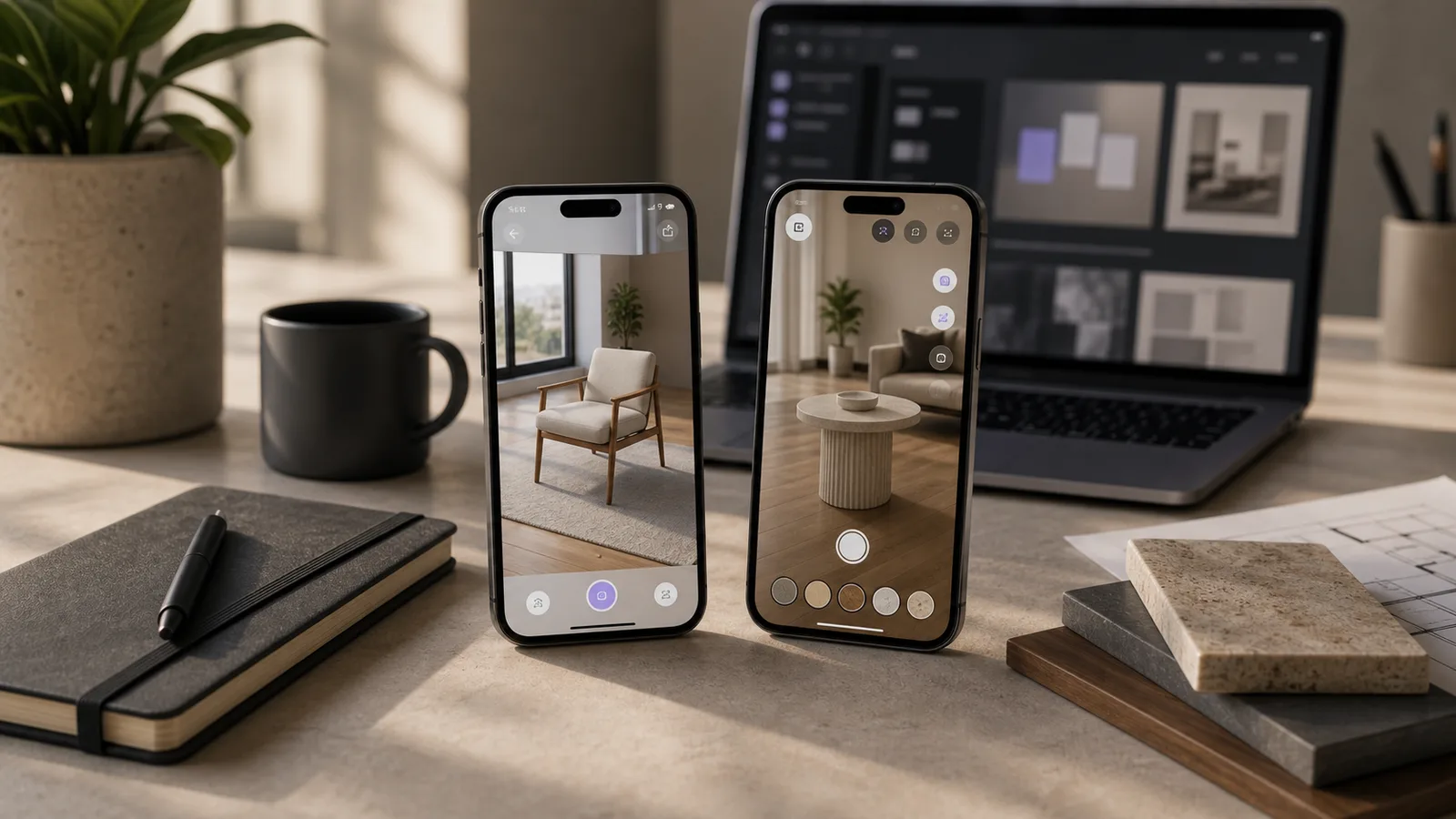 Two phones on a studio desk showing browser-style and native-app-style augmented reality product previews.
