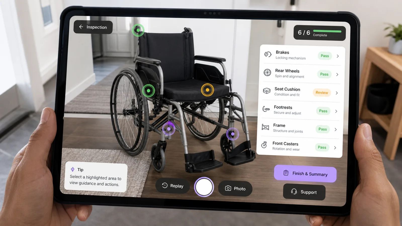 Tablet AR app showing wheelchair inspection zones and checklist status cards.