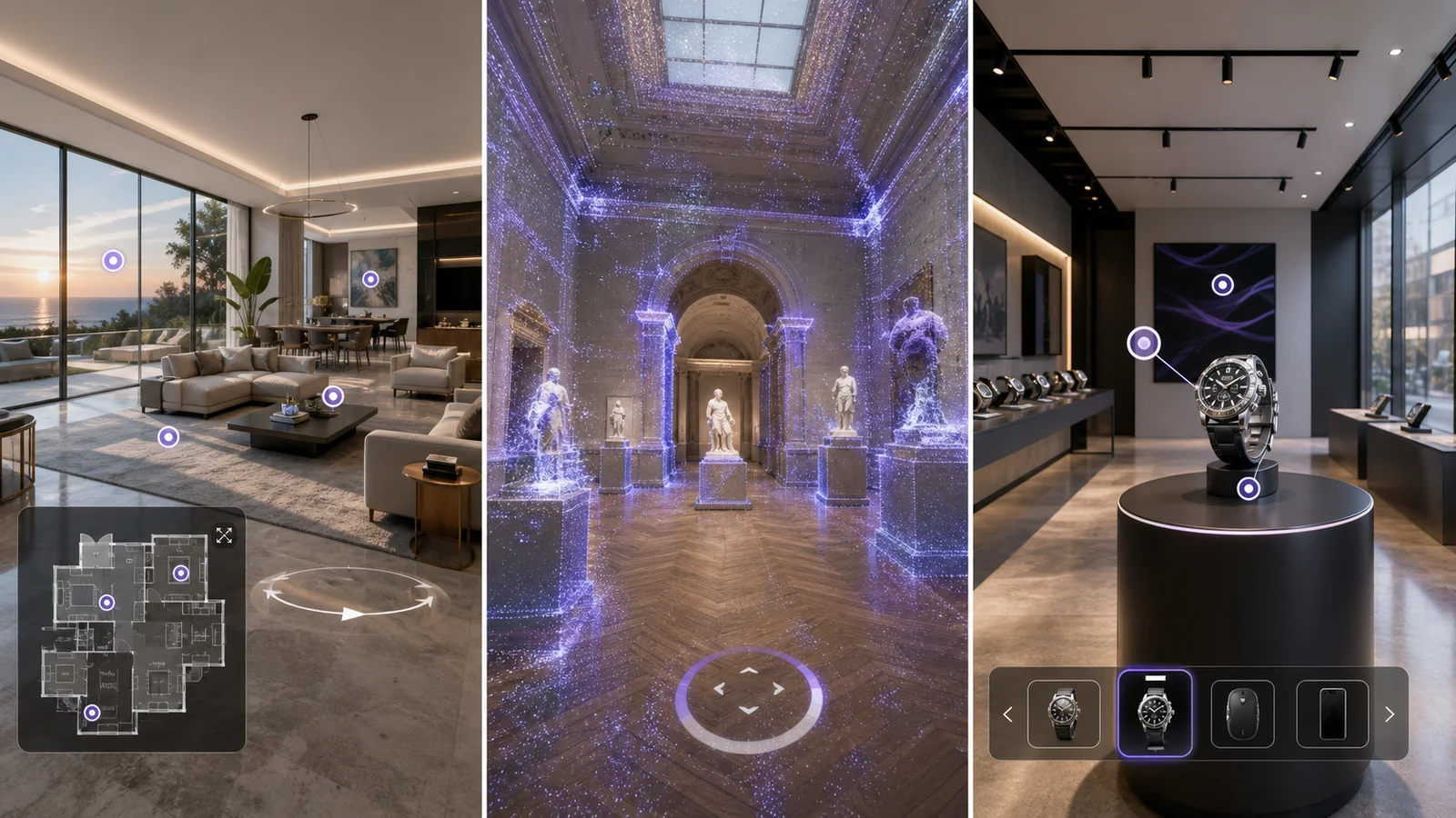 Beispiele für Immobilien, Museen und Produktshowrooms mit Gaussian Splatting und 360 Rundgängen.