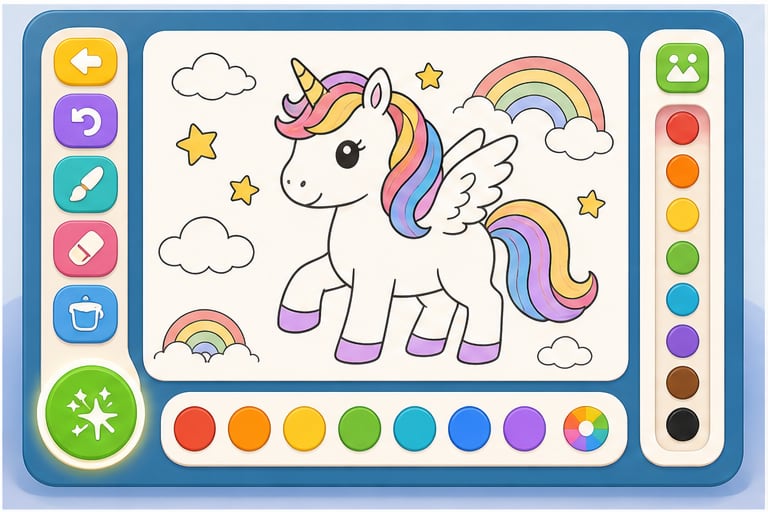 A child-friendly coloring app interface with large buttons, drawing tools, and color controls.
