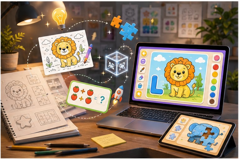 A studio desk showing sketches, puzzle pieces, AR elements, and a finished kids coloring game on a laptop and tablet.
