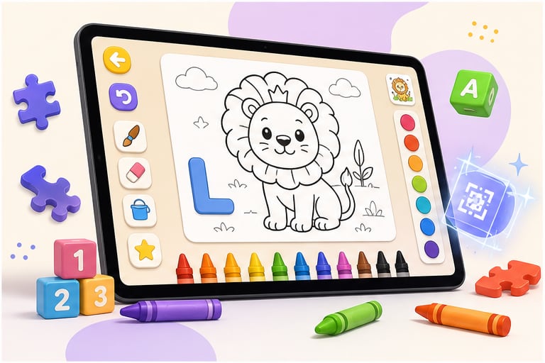 A tablet showing a kids coloring app with a lion drawing page, crayons, number blocks, and puzzle pieces.