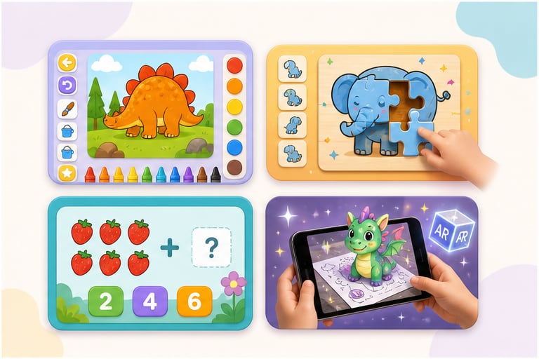 Four kids educational app ideas including coloring, puzzle, math, and AR coloring interfaces.
