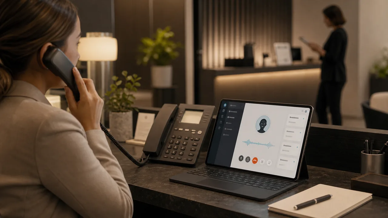 Modern reception desk showing an AI voice and VoIP workflow.