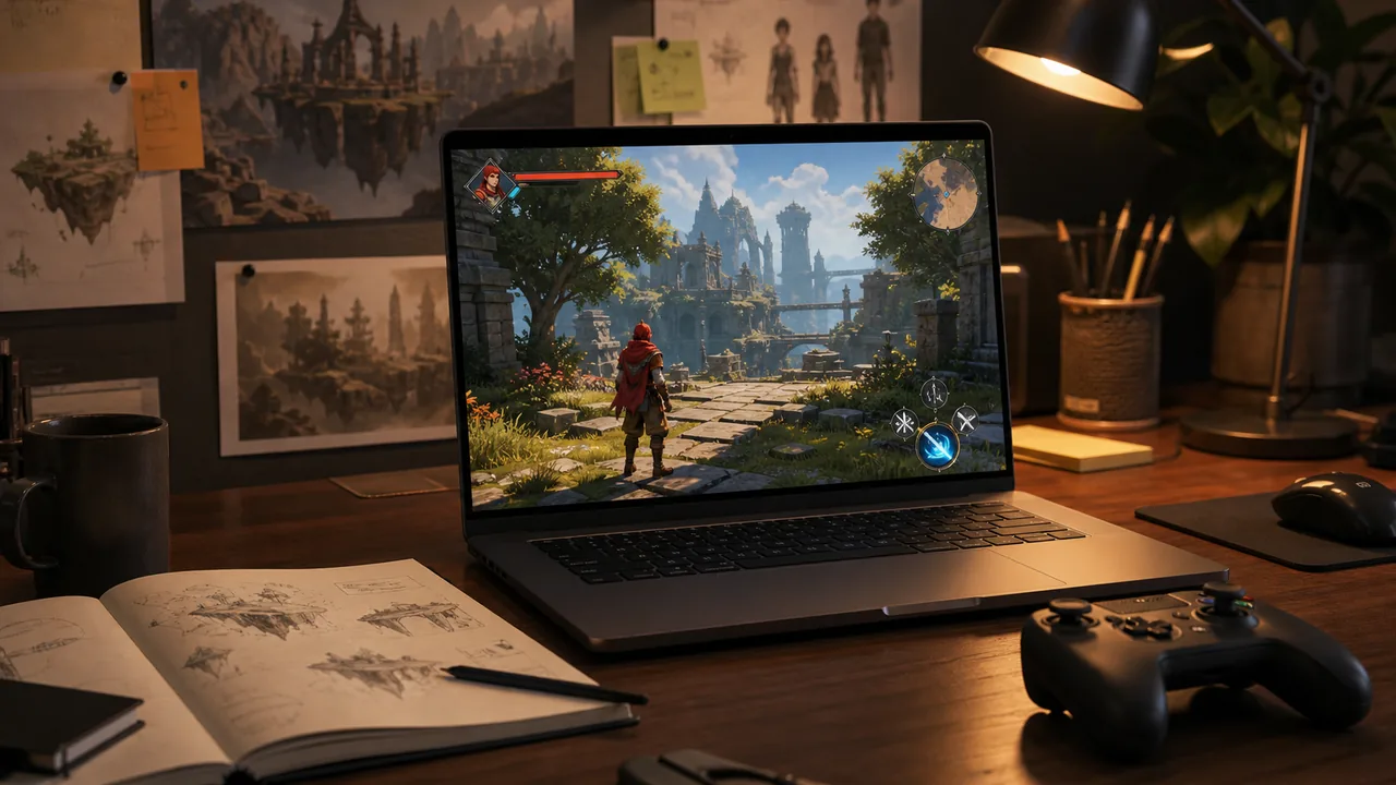 Creative studio desk with a laptop showing a playable browser game campaign.