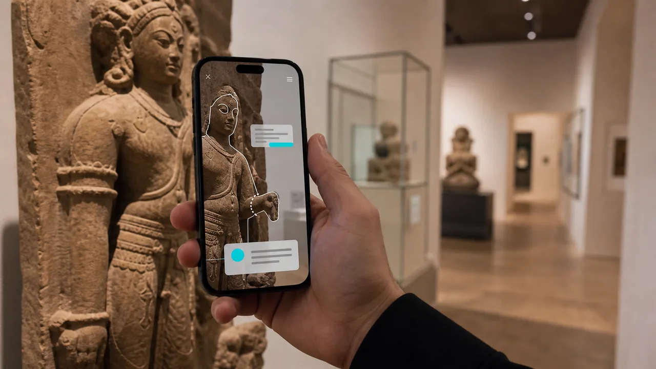 Museum visitor using a phone with a clean AR guide overlay.