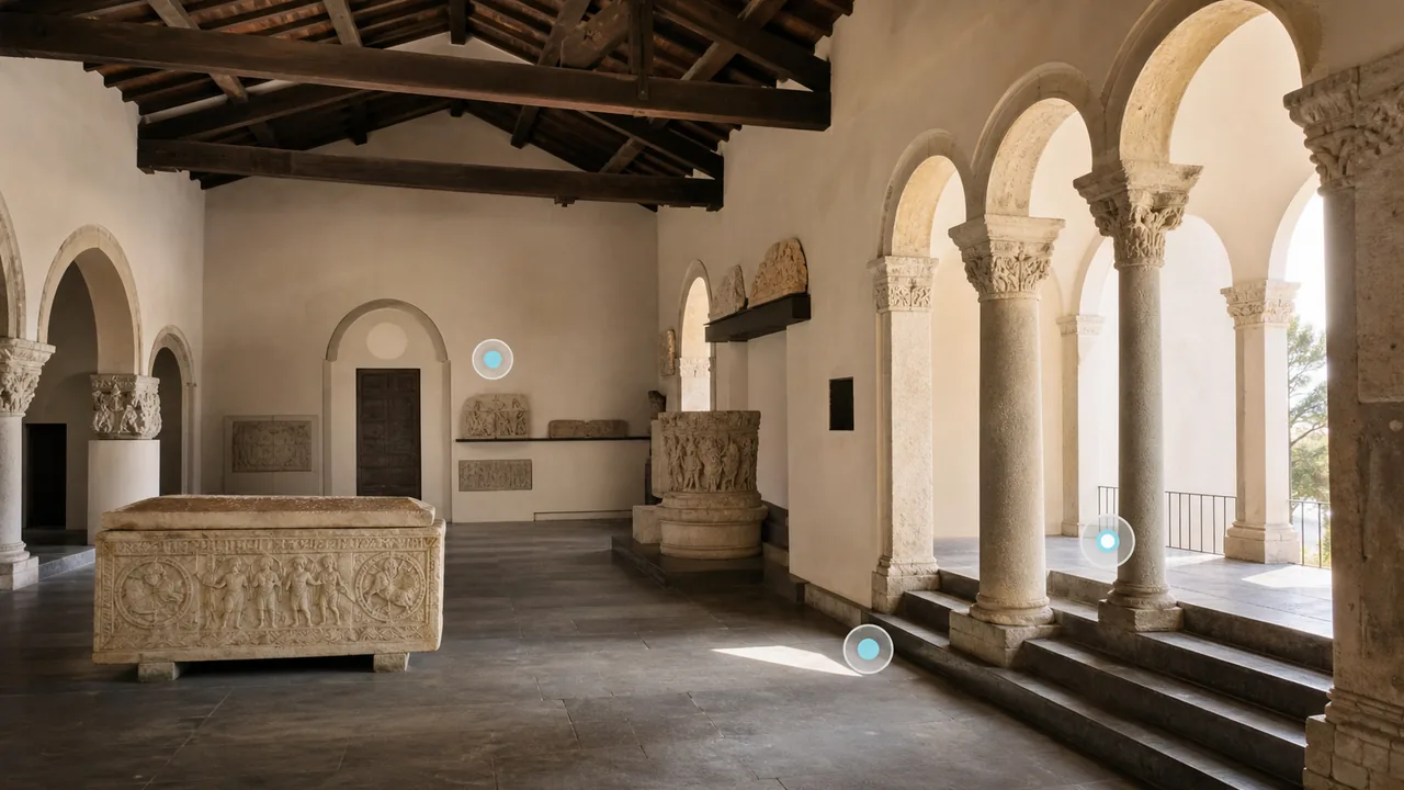 Warm heritage interior with subtle 360 tour hotspot markers.