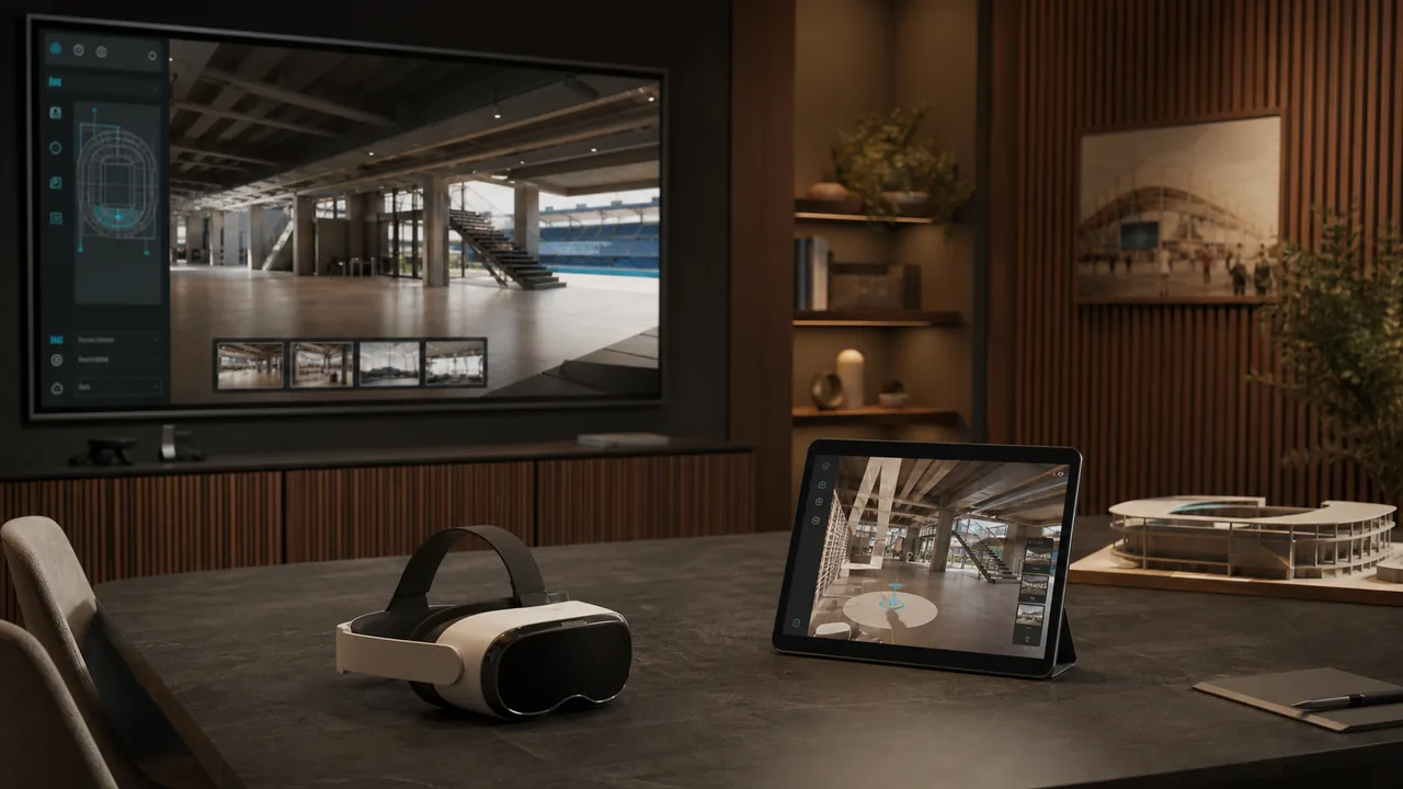 Immersive training and simulation setup with headset and presentation screen.