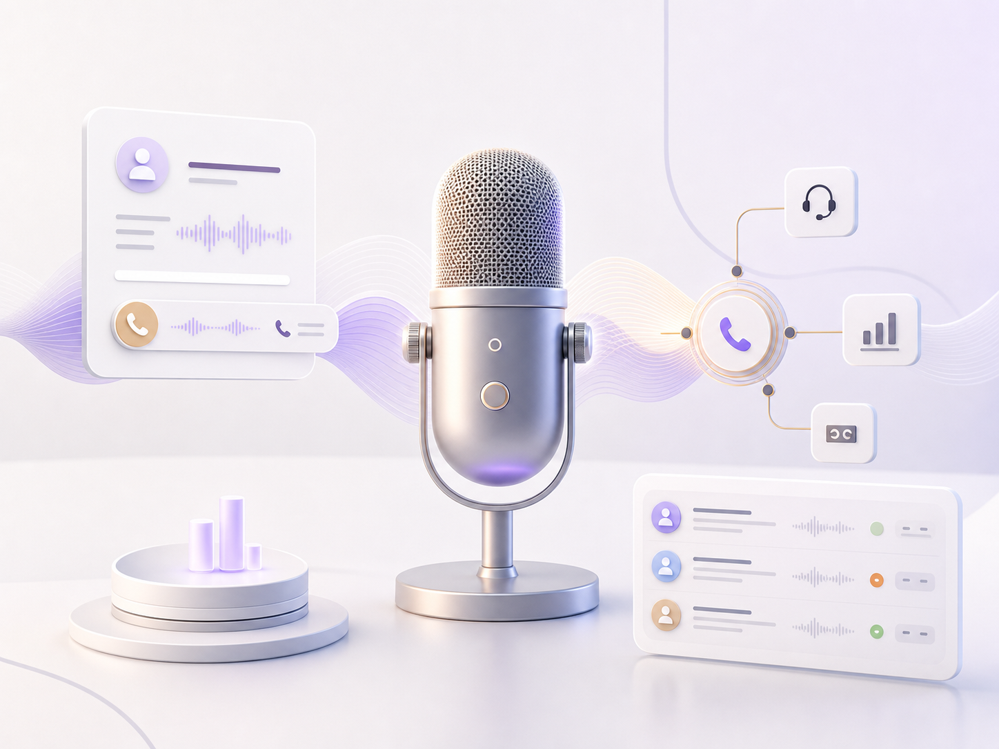AI voice automation scene with a microphone, waveform, call routing nodes, and support panels.