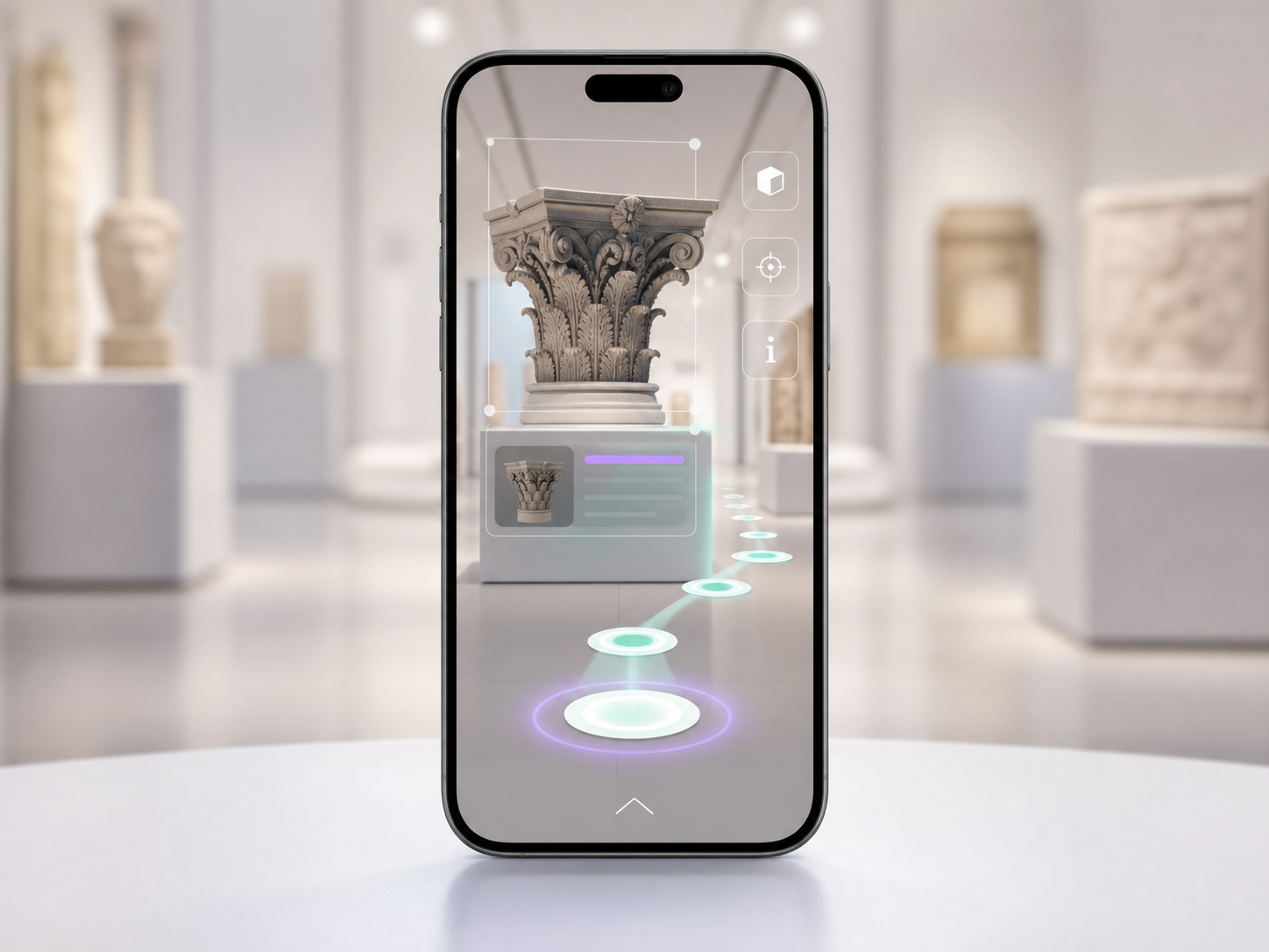 Smartphone showing an augmented reality museum artifact with navigation markers.