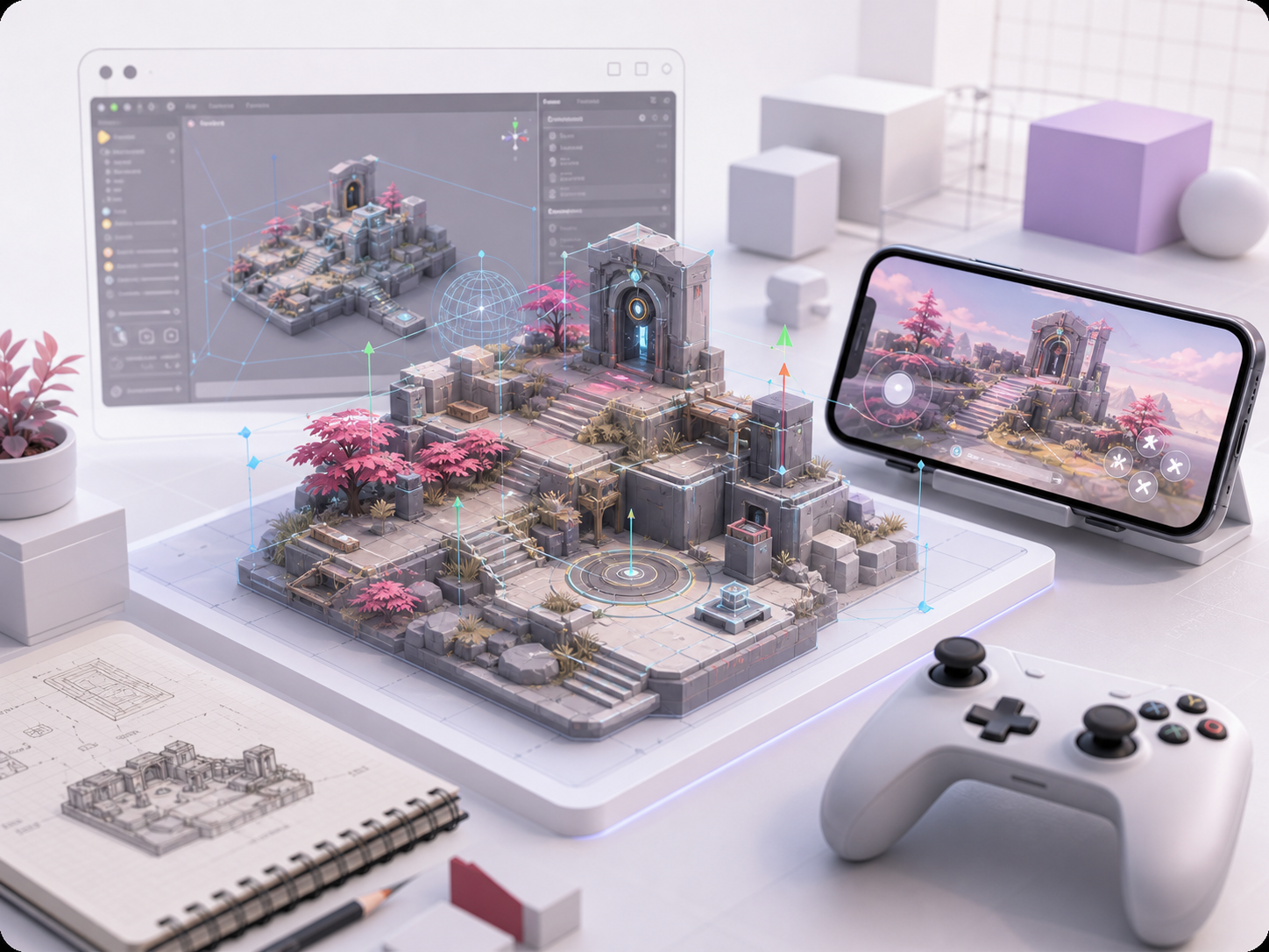 Game development scene with a 3D level miniature, editor interface, mobile preview, and controller.