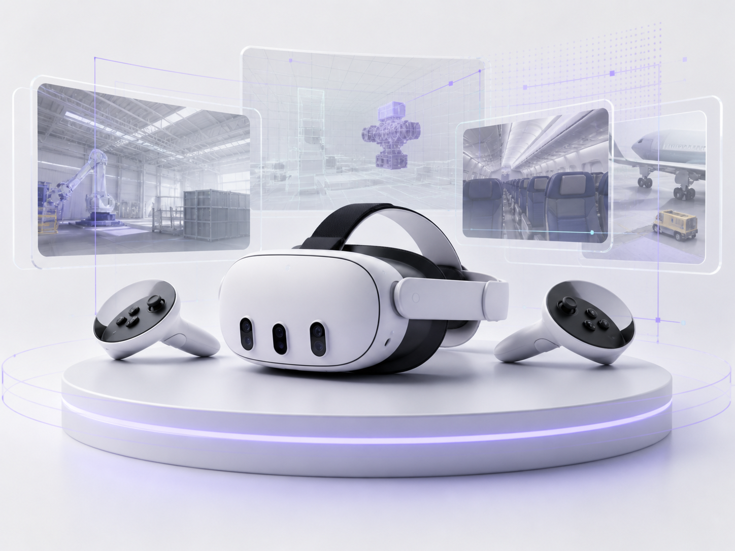 VR headset with training simulation panels for industrial, engine, and aircraft experiences.